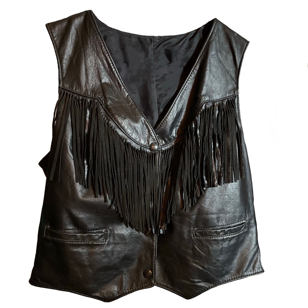 Drospo Inc. Leather Vest with Fringe~ Black